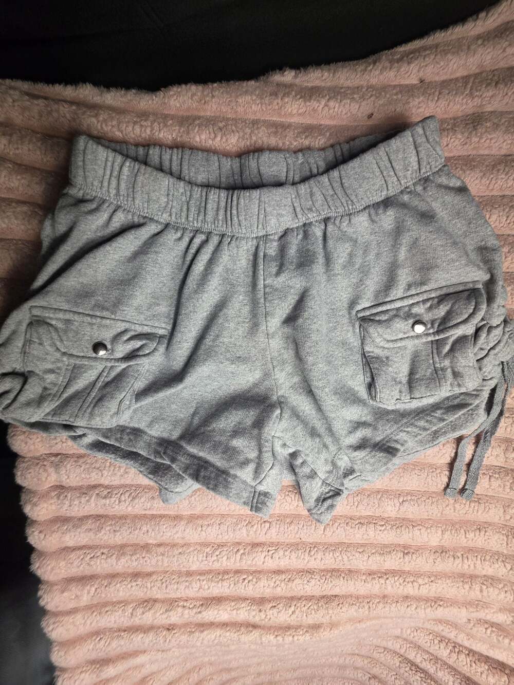 Green Goddess Grey Sweat Shorts with Cargo Pockets and Bubble Hem